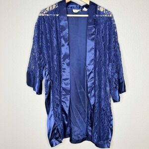 VTG Victoria's Secret Blue Satin Lace Robe Gold Label 90s Lingerie No Belt OS‎